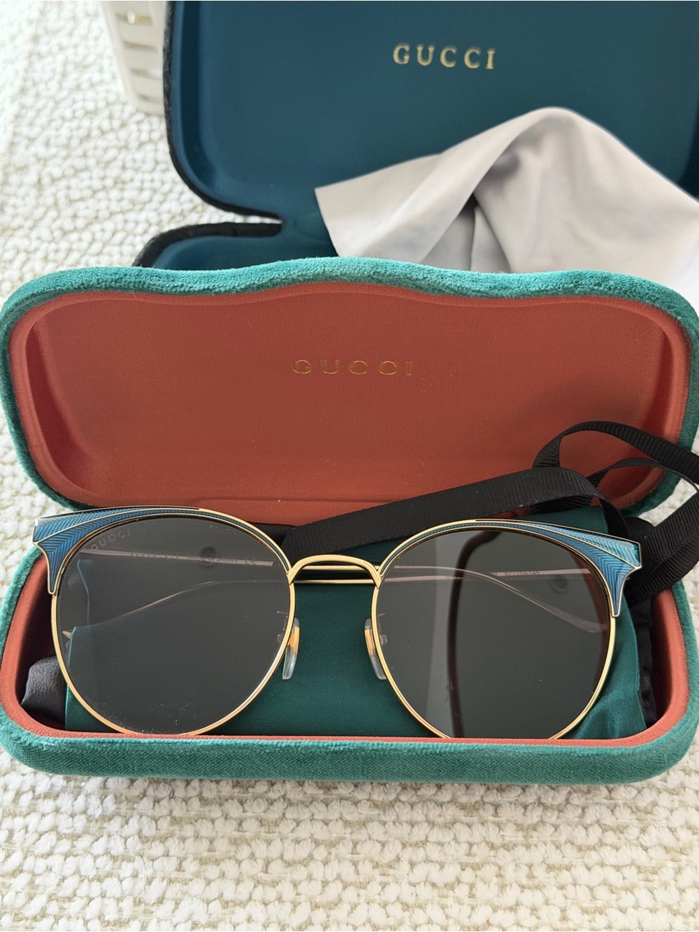 Gucci Gold Frame Sunglasses with Blue Trim